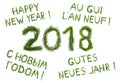 2018 New Year. Two thousand eighteen. ÃÂ¡ongratulation words Happy New Year in English, Russian, French and German. Royalty Free Stock Photo